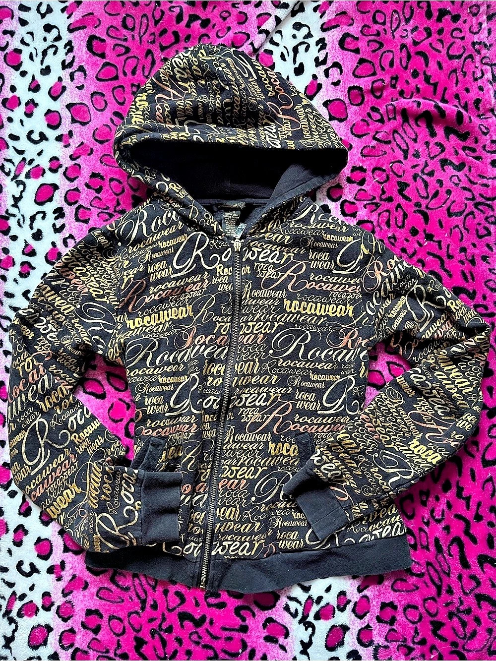 Rocawear All-Over Script Logo Zip-Up Hoodie Black & Gold